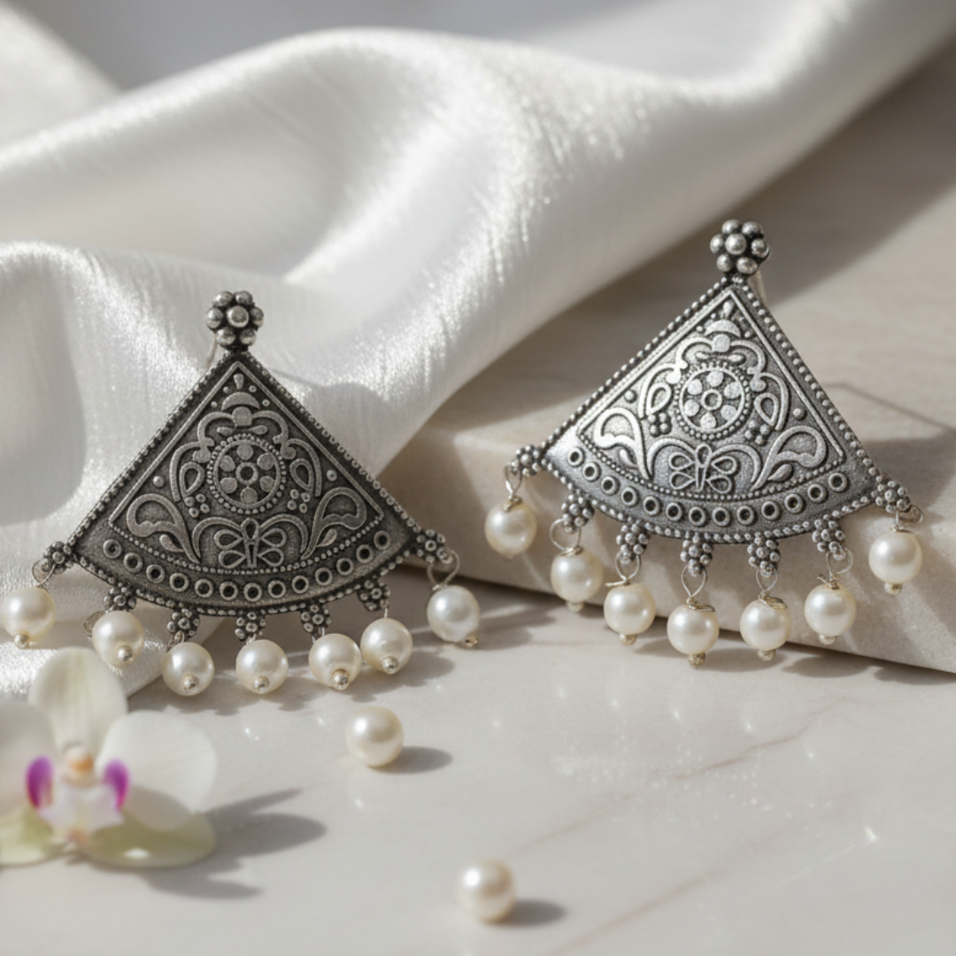 Aarvi Oxidised Pearl Earrings | Pearls | Silver Replica | Boho | Floral
