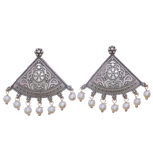 Aarvi Oxidised Pearl Earrings | Pearls | Silver Replica | Boho | Floral Earrings