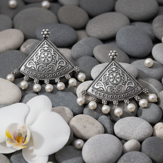 Aarvi Oxidised Pearl Earrings | Pearls | Silver Replica | Boho | Floral Studs