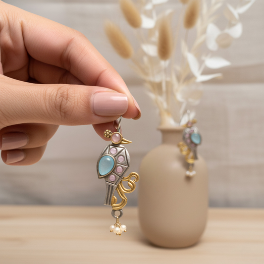 Abha Oxidised Earrings | Silver Replica | Dual Tone - SIlver and Gold | Pearls | Bird | Peacock | Parrot | Blue and Pink Stone