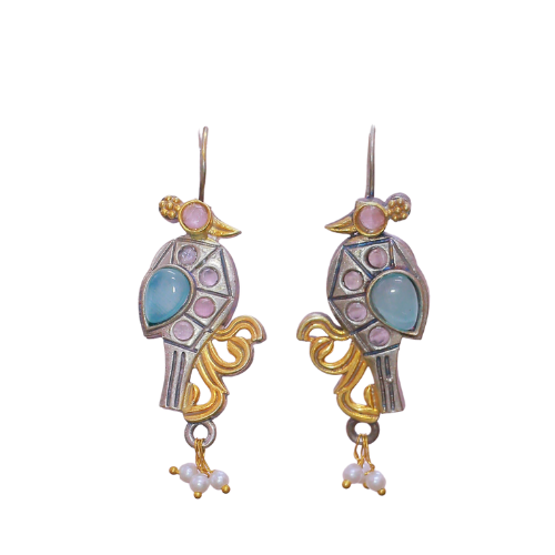 Abha Oxidised Earrings | Silver Replica | Dual Tone - SIlver and Gold | Pearls | Bird | Peacock | Parrot | Blue and Pink Stone | Golden Swirl