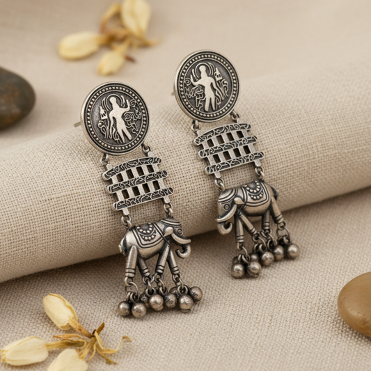 Airavat Oxidised Earrings | Silver Replica | Boho | Elephant | Ghungroos | Beads | Long Earrings