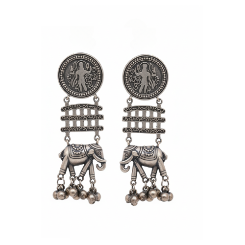 Airavat Oxidised Earrings | Silver Replica | Boho | Elephant | Ghungroos | Beads | Long Earrings on white background