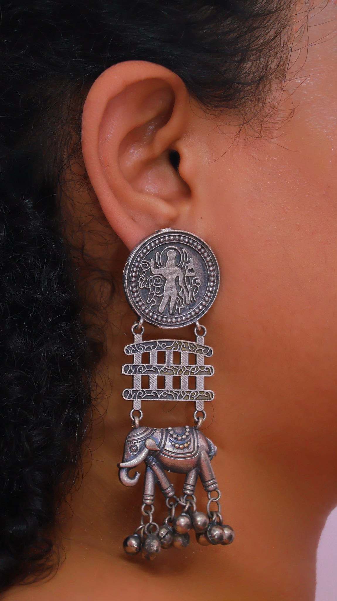 Airavat Oxidised Earrings | Silver Replica | Boho | Elephant | Ghungroos | Beads | Long Earrings worn by a woman