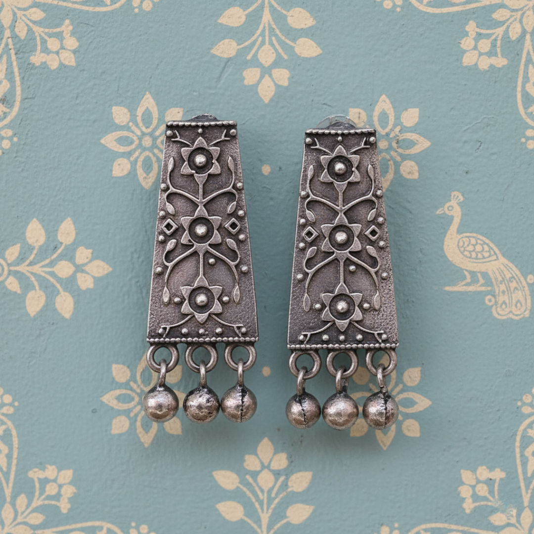 Akriti Antique Ghungroo Earrings | Oxidised | Silver Replica | Boho | Beads | Ghungroo | Floral