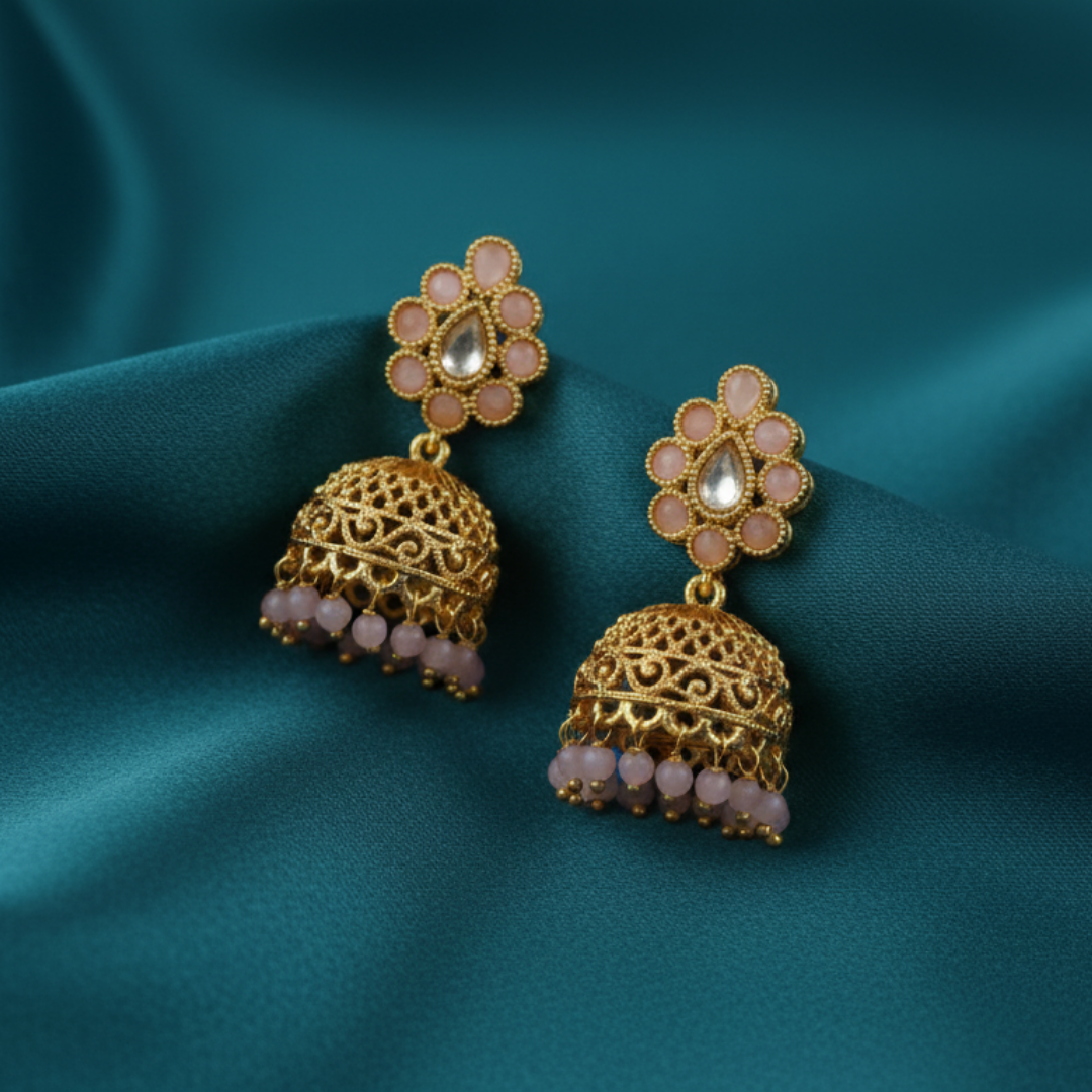 Baby Pink High Quality Golden Polish Jhumkas