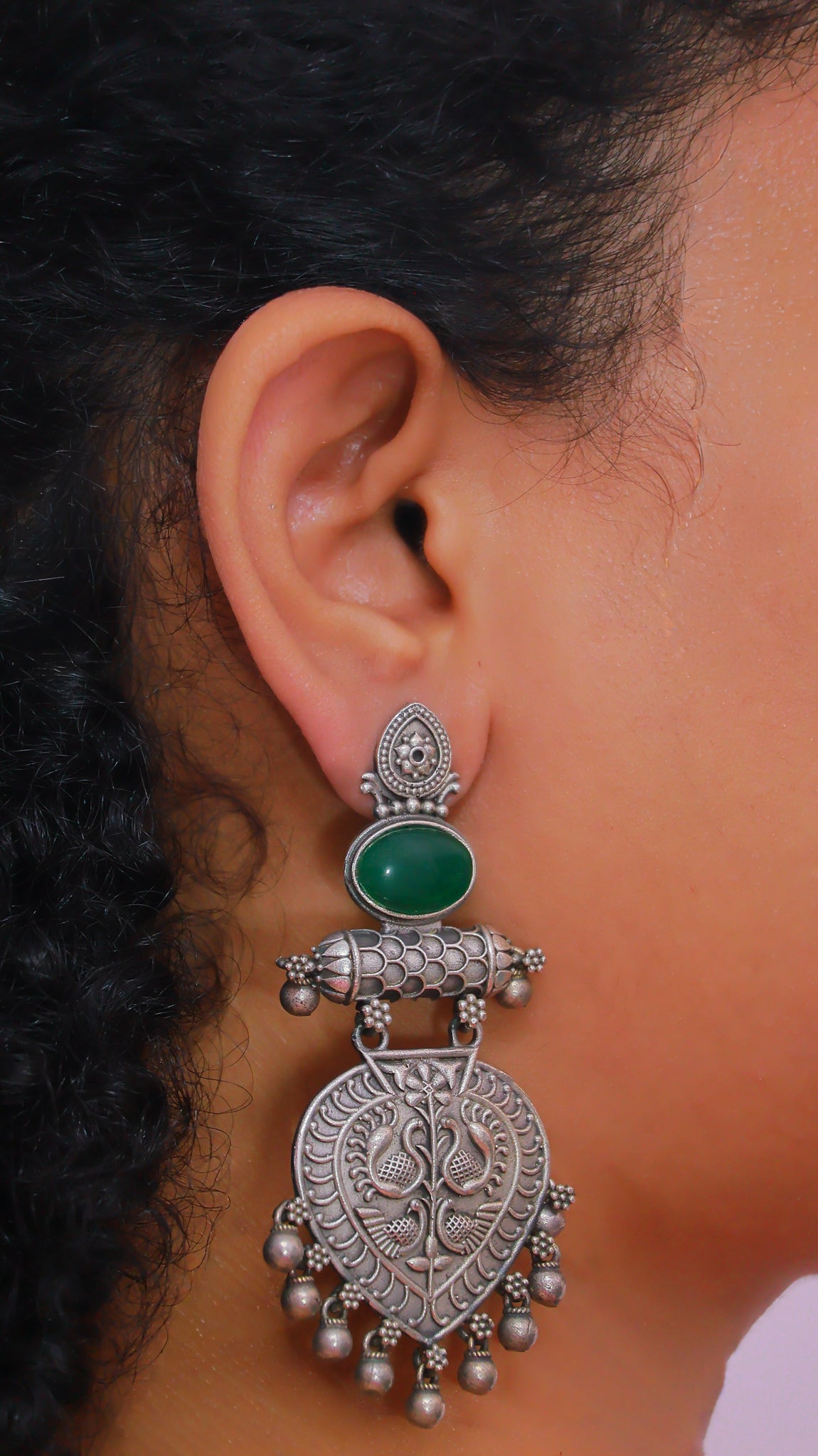 Dilruba Classic Oxidised Danglers | Silver Replica | Green | Moissanite | Long Jhumka