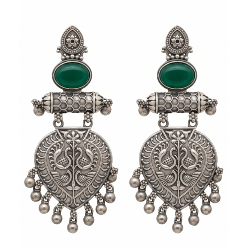 Dilruba Classic Oxidised Danglers | Silver Replica | Green | Moissanite | Long Jhumka