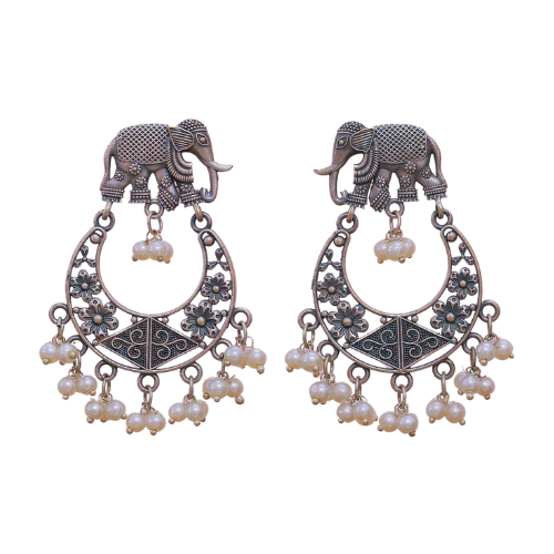 Gajmoti Oxidised Danglers | Silver Replica | Elephant | Pearls
