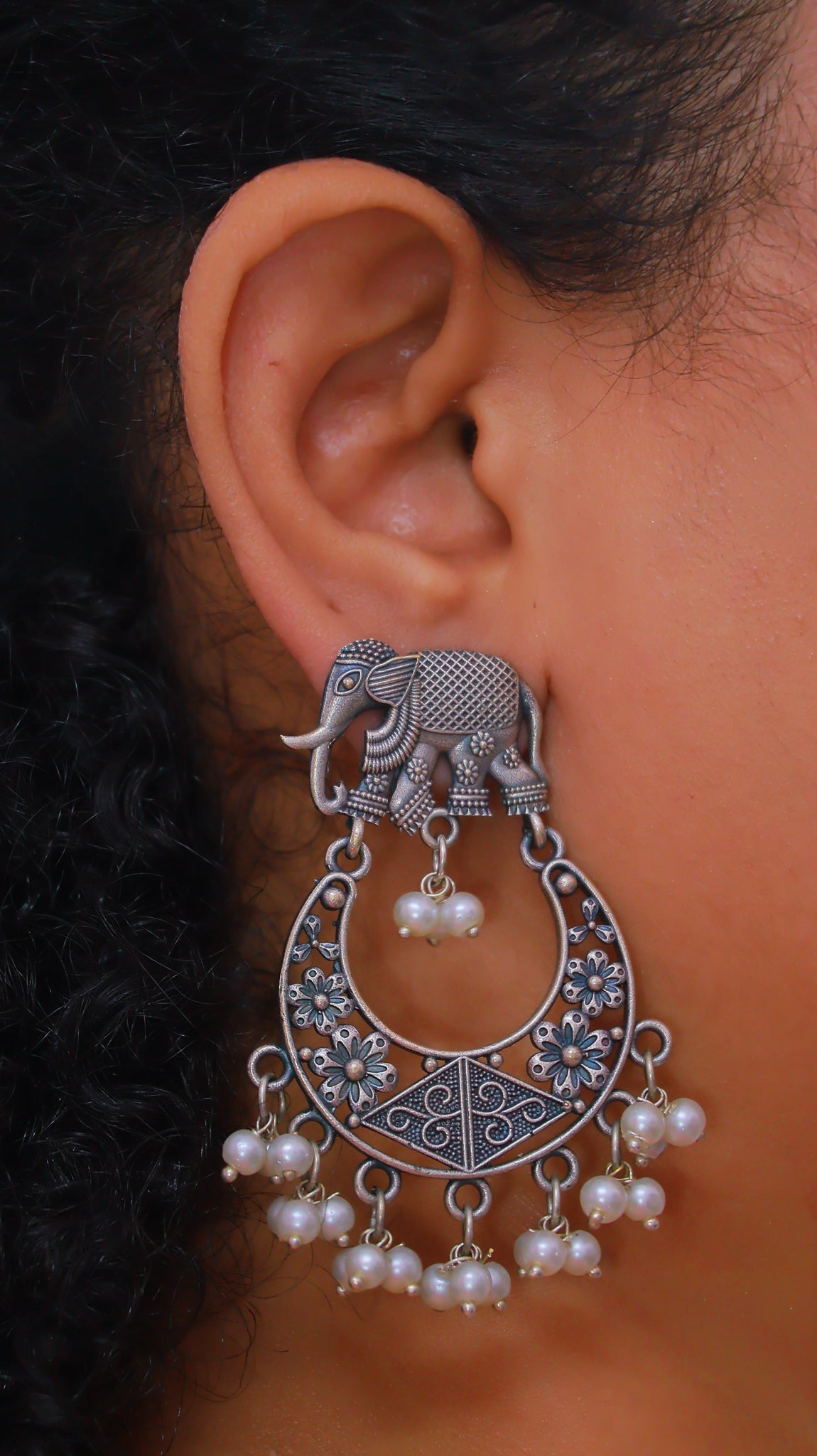Gajmoti Oxidised Danglers | Silver Replica | Elephant | Pearls | Moti | Earrings worn by a girl