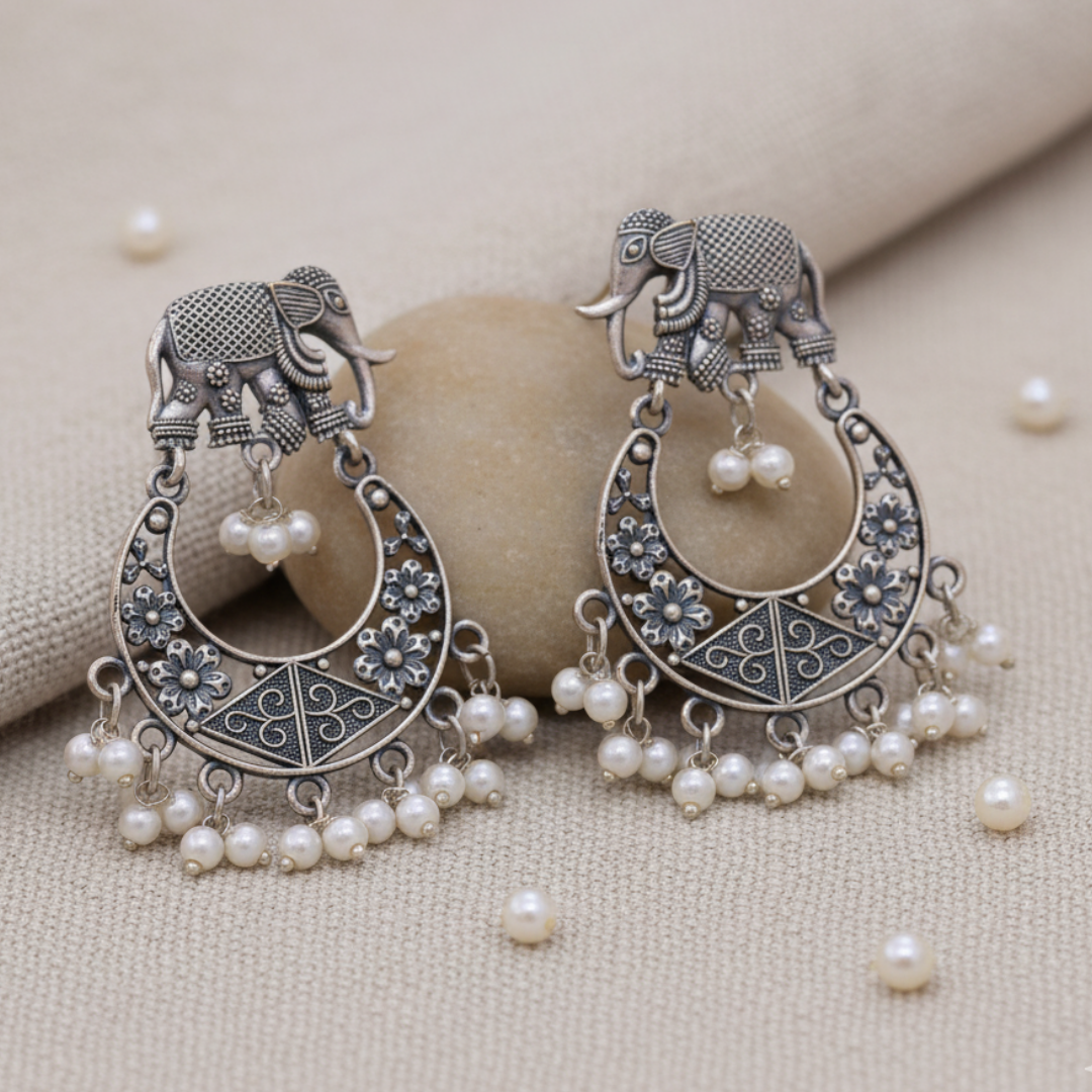 Gajmoti Oxidised Danglers | Silver Replica | Elephant | Pearls
