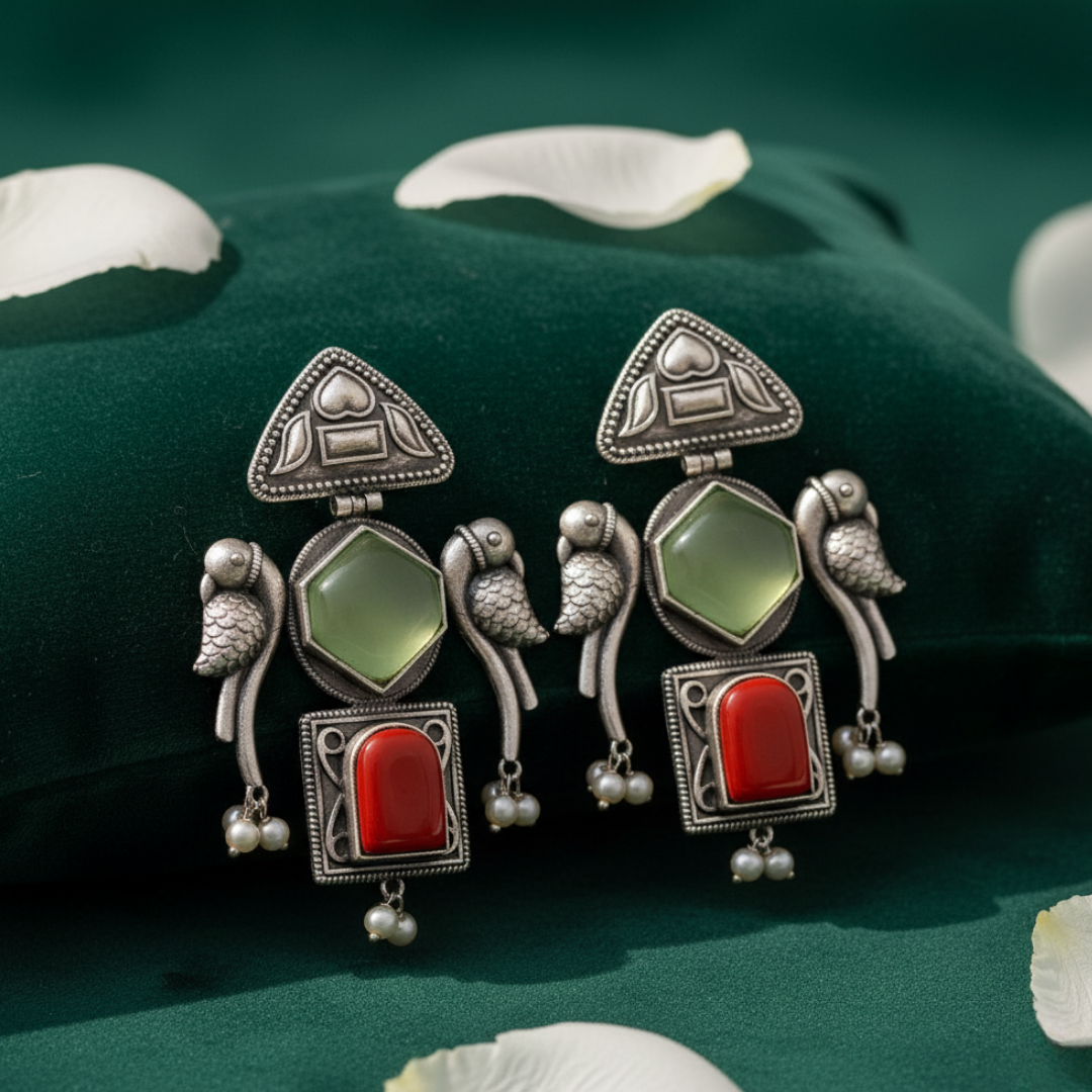 Goonj Earrings | Silver Replica Earrings | Moissanite | Peacock | Earrings with Aesthetic backdrop | Green and Red