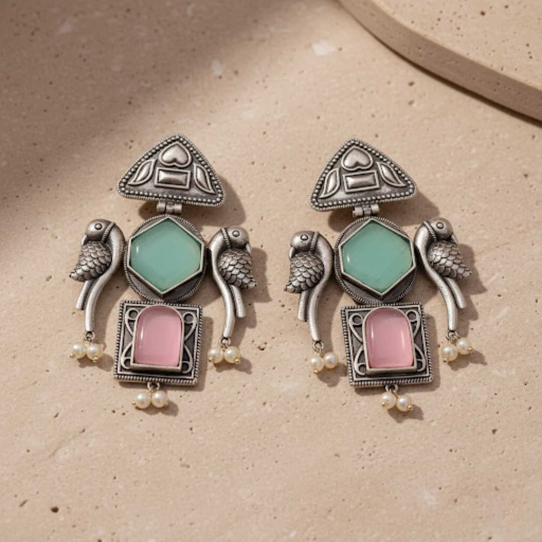 Goonj Earrings | Silver Replica Earrings | Moissanite | Peacock | Earrings with aesthetic backdrop | Mint Green and Pink