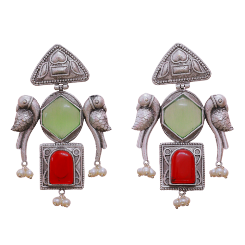 Goonj Earrings | Silver Replica Earrings | Moissanite | Peacock | Earrings with white backdrop | Green and Red