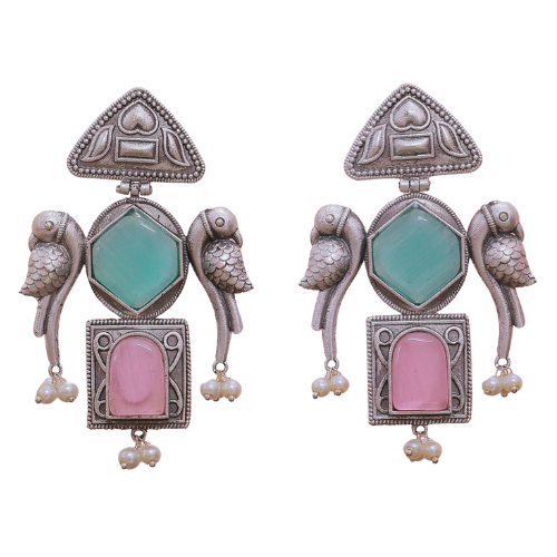 Goonj Earrings | Silver Replica Earrings | Moissanite | Peacock | Earrings with aesthetic backdrop | Mint Green and Pink