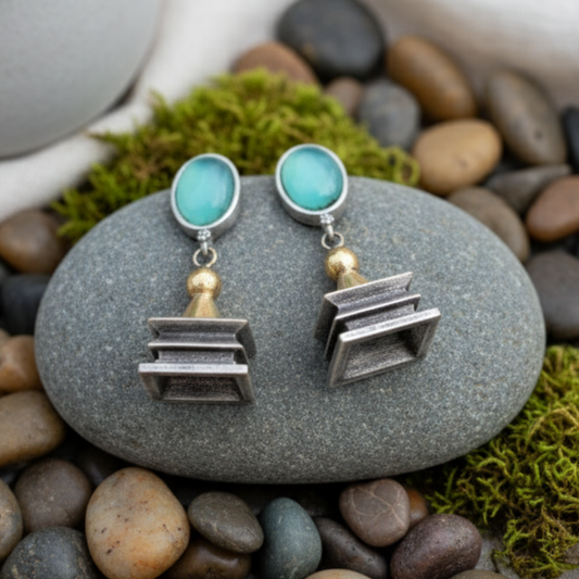 Mandira Dual Tone Earrings | Jhumka | Temple Inspired Earrings | Green Moissanite