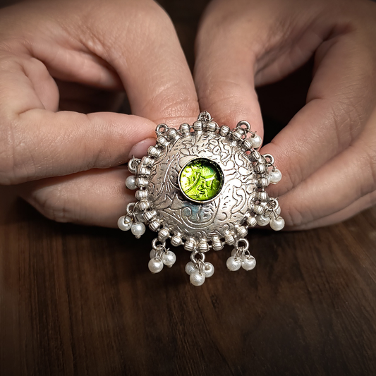 Mehrab Oxidised Ring | Silver Replica | Pearls | Green Moissanite | Green Stone Finger Ring