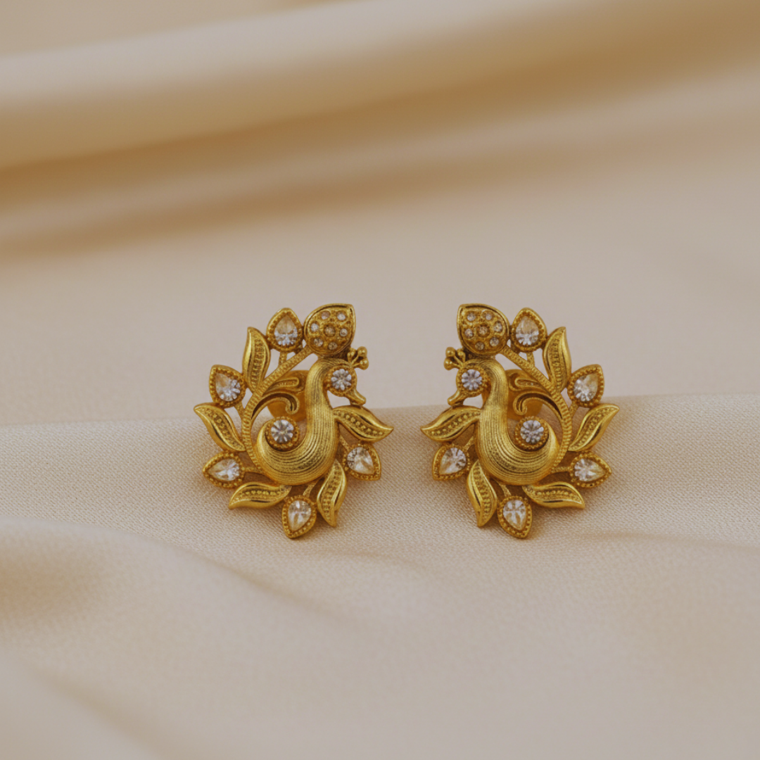 Peacock earrings with white gemstones