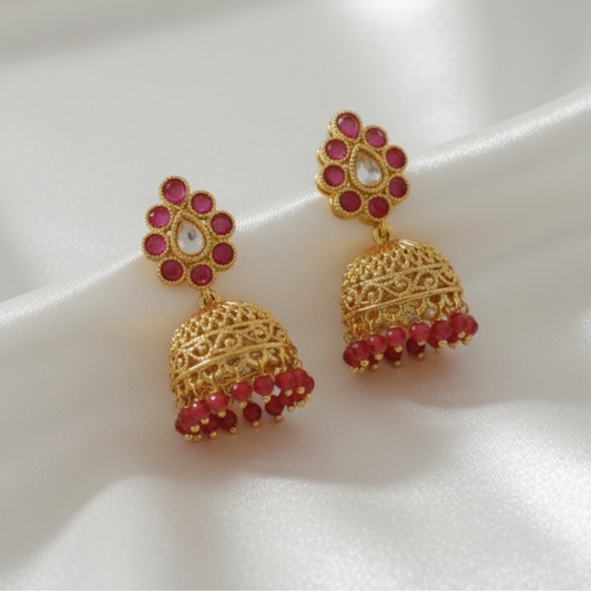 Rani Pink High Quality Golden Polish Jhumkas