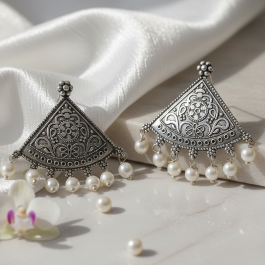 Aarvi Oxidised Pearl Earrings | Pearls | Silver Replica | Boho | Floral