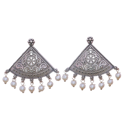 Aarvi Oxidised Pearl Earrings | Pearls | Silver Replica | Boho | Floral Earrings