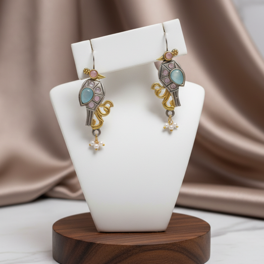 Abha Oxidised Earrings | Silver Replica | Dual Tone - SIlver and Gold | Pearls | Bird | Peacock | Parrot