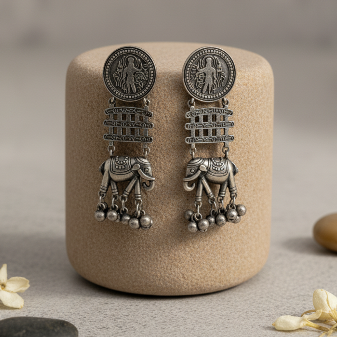Airavat Oxidised Earrings | Silver Replica | Boho | Elephant | Ghungroos | Beads | Long Earrings