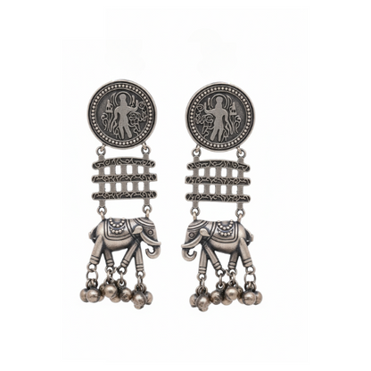 Airavat Oxidised Earrings | Silver Replica | Boho | Elephant | Ghungroos | Beads | Long Earrings on white background
