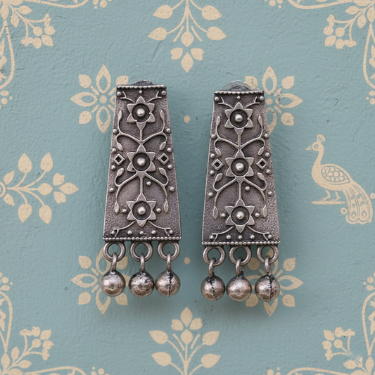 Akriti Antique Ghungroo Earrings | Oxidised | Silver Replica | Boho | Beads | Ghungroo | Floral