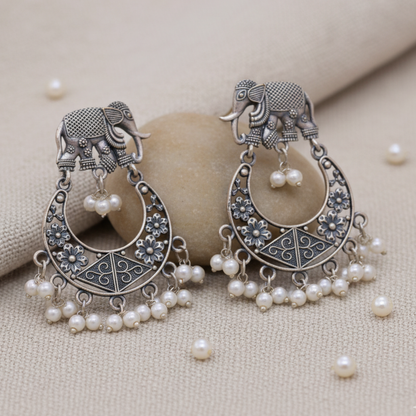 Gajmoti Oxidised Danglers | Silver Replica | Elephant | Pearls