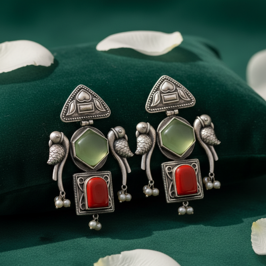 Goonj Earrings | Silver Replica Earrings | Moissanite | Peacock | Earrings with Aesthetic backdrop | Green and Red