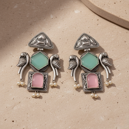 Goonj Earrings | Silver Replica Earrings | Moissanite | Peacock | Earrings with aesthetic backdrop | Mint Green and Pink