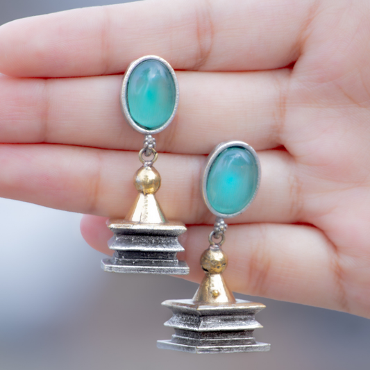 Mandira Dual Tone Earrings | Jhumka | Temple Inspired Earrings | Green Moissanite
