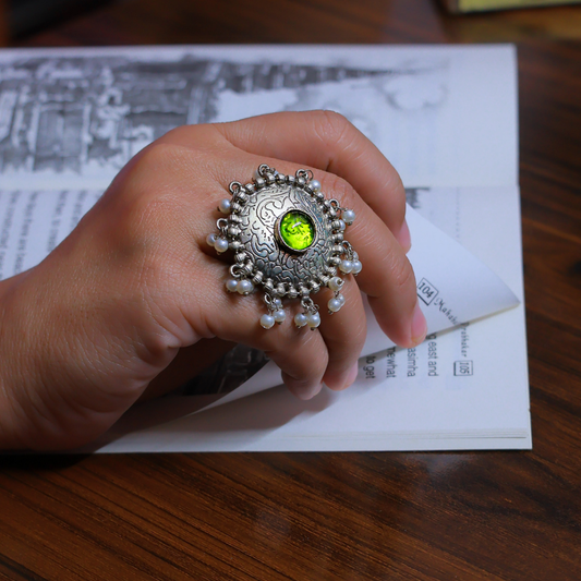Mehrab Oxidised Ring | Silver Replica | Pearls | Green Moissanite | Green Stone Ring