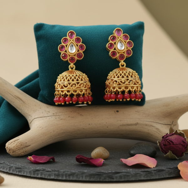 Rani Pink High Quality Golden Polish Jhumkas on an aesthetic backdrop