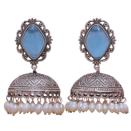 Taraash Silver Replica Jhumka | Blue Moissanite | Pearls | Oxidised earrings