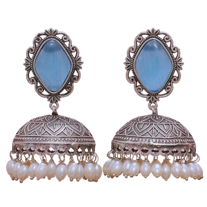 Taraash Silver Replica Jhumka | Blue Moissanite | Pearls | Oxidised earrings