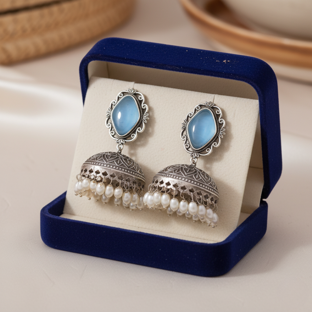 Taraash Silver Replica Jhumka | Blue Moissanite | Pearls | Oxidised earrings