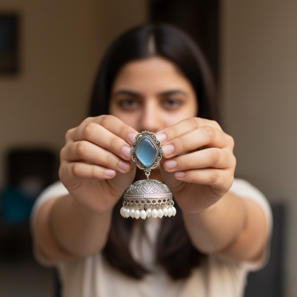 Taraash Silver Replica Jhumka | Blue Moissanite | Pearls | Oxidised