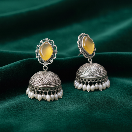 Taraash Silver Replica Jhumka | Yellow Moissanite | Pearls | Oxidised