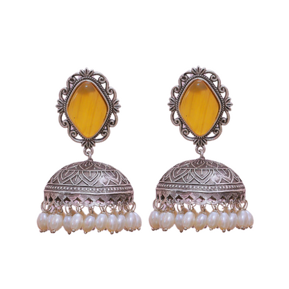 Taraash Silver Replica Jhumka | Yellow Moissanite | Pearls | Oxidised
