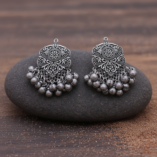 Tribal Chic Ghungroo Earrings | Oxidised | Boho | Beads | Silver Replica